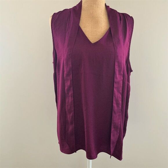 Banana Republic Women Top Petite Size PL Purple Tie Collar Sleeveless Office - Picture 3 of 8